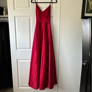 David's Bridal Red Full Length Prom Gown with Pockets